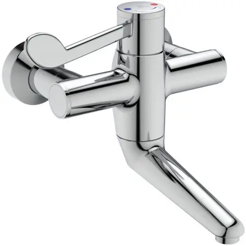 Thermostatarmatur von Ideal Standard in glattem Chrom-Finish, mit einem Drehhebel und Temperaturanzeigen in Rot und Blau. Wall-mounted Ausführung mit langer Auslauf.